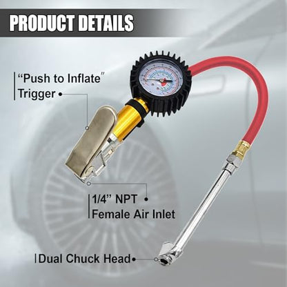 Digital Tire Pressure Gauge with Inflator, 0-220 PSI, Accuracy, Universal Fit Cars and Trucks (Red)
