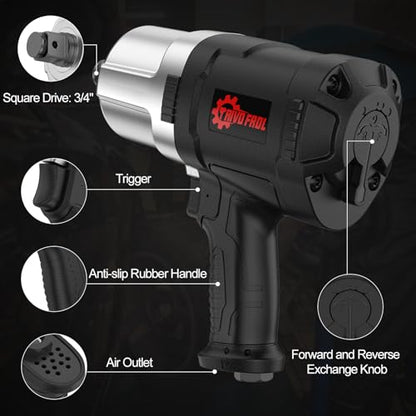 Trivd Frol Air Impact Wrench - 3/4 Inch Air Impact Gun, Up to 2100 Ft.lbs, 6000RPM High Torque Impact Driver, Twin Hammer Pneumatic Impact Wrench for Auto Repair, Tire Shop