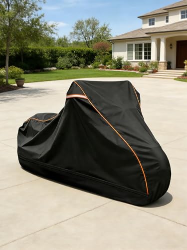 COVERVIN Full Enclosed Motorcycle Cover, 600D Heavy Duty Waterproof Motorcycle Cover, Outdoor UV Protection with Reflective Strips, Fits 108" Harley Honda Yamaha Suzuki, Cruiser, Touring Black - size: XXXL-108"