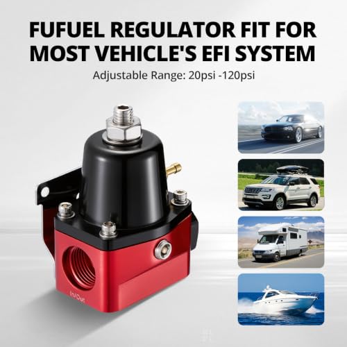 EVIL ENERGY EFI Fuel Pressure Regulator Kit Adjustable (20-120PSI) with Gauge 6AN PTFE Fuel Line Hose Fitting Connectors Kit Universal Aluminum (Red) - color: Red
