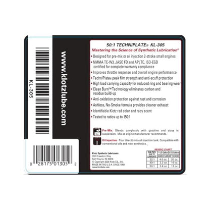 Klotz 50:1 TechniPlate 2-Cycle Full Synthetic Premix/Injector Engine Lubricant – 4 Pints Kit, KL-305