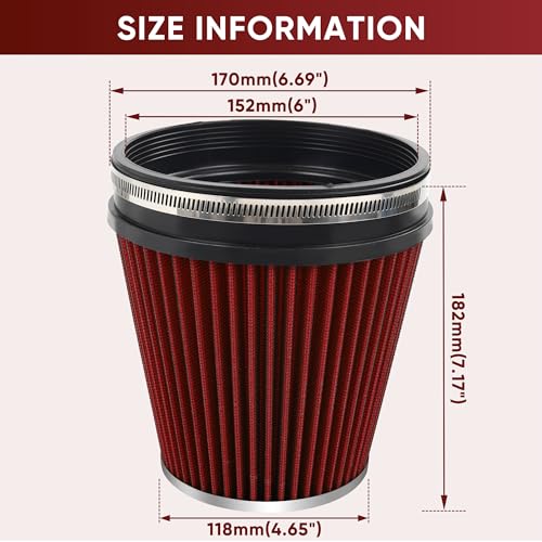 6" 152mm Cold Air Intake Filter Clamp-On Cone Filter Red - color: Red, size: 7 inches Tall