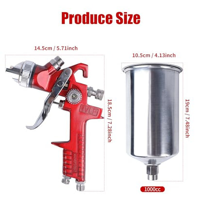 HVLP Spray Gun 1.4/1.7/2.0/2.5/3.0mm Kit with 1000cc Aluminum Cup - color: red