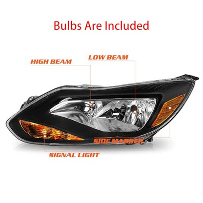 Headlights Assembly w/Bulbs Set For 2012-2014 Ford Focus Black Housing - color: For 2012-2014 Focus