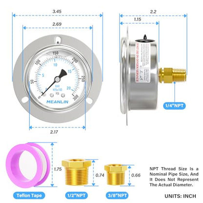 MEANLIN MEASURE 0~300Psi Liquid Filled Pressure Gauge Front Flange Panel Mount, 1/4" NPT 2.5" FACE DIAL Stainless Steel Case with Phillips Screw, Nut and Brass Hex Bushing, +/-3-2-3% - style: 0~300Psi