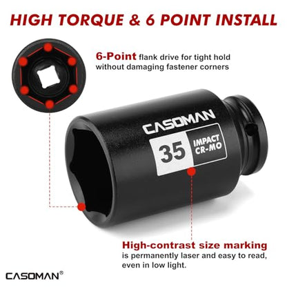 CASOMAN 1/2” Drive Deep Big Impact Socket Set, 21 - Piece Large Spindle Axle Nut Impact Wrench Socket Set, 6 Point, CR-MO, Metric & SAE, 27mm - 41mm, 1-1/16" - 1-5/8"
