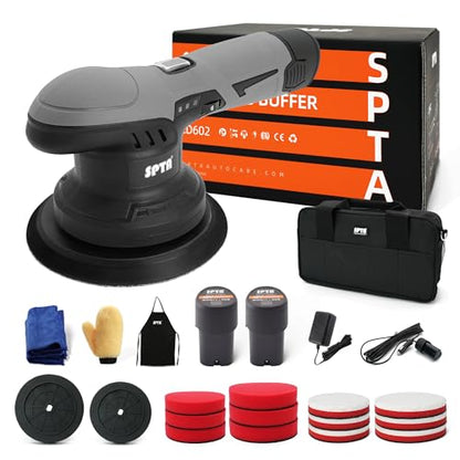 Cordless Car Buffer Polisher, SPTA Polisher with 2Pcs 12V Lithium Rechargeable Battery Brushless Polisher with Variable Speed, Portable Polisher with Polishing Pads Kit For Waxing