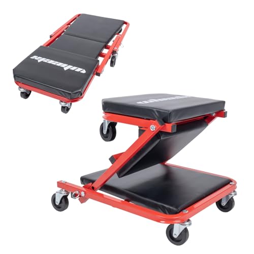 Mechanic Creeper 36 Inches 2 Modes Z Seat 340 lbs Capacity, Foldable Garage Chair Adjustable Rolling Folding with 6 pcs Wheels Roller, Lay Down or Sit, Under Car, Auto Repair Red Black Man Gift