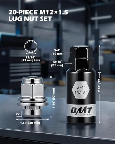 OMT M12x1.5 Lug Nuts with Mag Seat, 20pcs Lug Nuts Set with 1 Socket Key - color: Silver, size: M12x1.5, style: 20Pcs Mag Seat