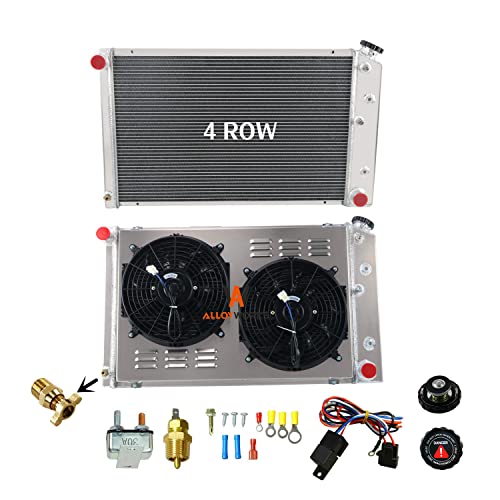 ALLOYWORKS CU162 4 Row Radiator + 2 x 12" Fan Shroud + Relay Replacement for 1970-1987 Chevy GMC C/K/G Series Pickup Radiator, Malibu G-Body Monte Radiators, 1975-1987 Buick Radiator (62MM Core)