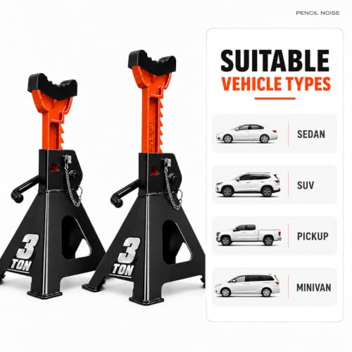Jack Stands, 3 Ton Capacity with Rubber Cover and Large Foot Base, Double Locking Car Lifting Stand, Black Orange, 1 Pair - color: Black Orange(with rubber cover)