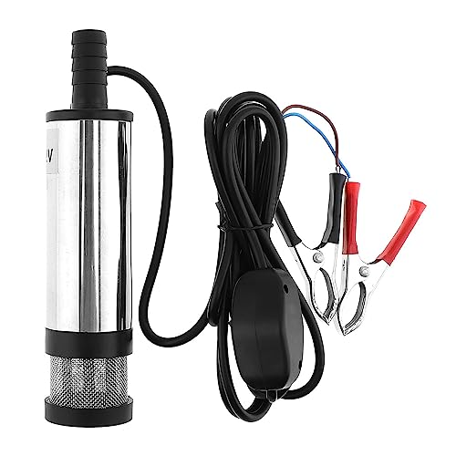 Submersible Electric Diesel Pump, 12V 3.8cm Silver Portable Aluminum Alloy Car Electric Submersible Pump Fuel Water Oil Barrel Pump with 2 Alligator Clips