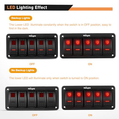 Nilight 5 Gang Rocker Switch Panel SPST On Off 5PIN Electrical Toggle Red - color: Red, size: 5 Gang