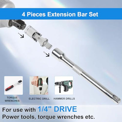 1/4 Inch Drive Socket Extension Bar Set, 4 Piece wrench extender - size: 1/4