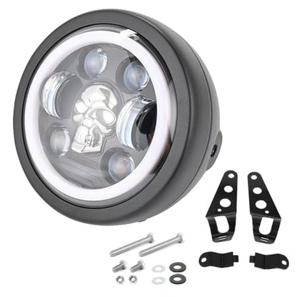 6.69 Inch Motorcycle LED Headlight with Mounting Brackets Assembly, Skull Pattern Round Headlamp with High/Low Beam Turn Signal DRL for Cafe Racer E-bike Bobber Chopper - size: 6.69'' skull headlight with housing brackets