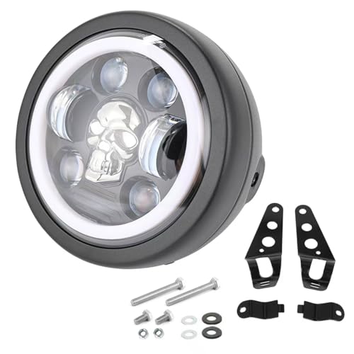 6.69 Inch Motorcycle LED Headlight with Mounting Brackets Assembly, Skull Pattern Round Headlamp with High/Low Beam Turn Signal DRL for Cafe Racer E-bike Bobber Chopper - size: 6.69'' skull headlight with housing brackets