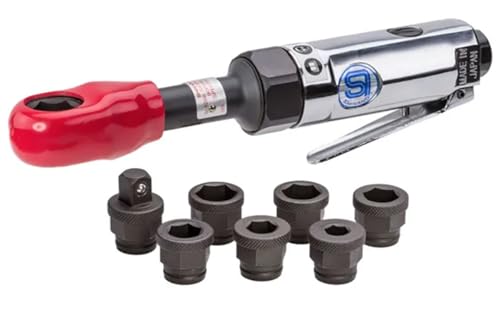 SHINANO SI1288 3/8" Pneumatic Mini Thru Ratchet Set - 6 Sockets (8-14mm), 45Nm, Made in Japan - For Tight Spaces, Engine Work