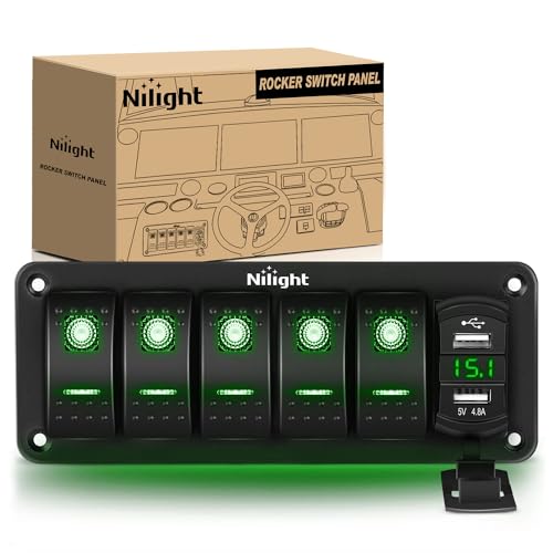 Nilight 5 Gang Rocker Switch Panel with Dual USB Socket Voltmeter - color: Green, size: 6 Gang Dual USB