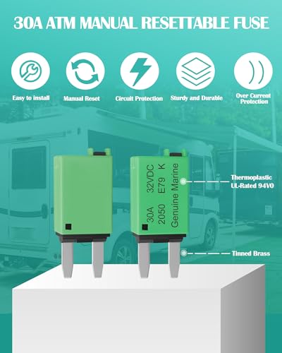 30A Low Profile Mini Fuse Kit– Automotive 30A ATM Manual Reset Circuit Breaker Fuses for Boat, RV, Car, Truck, DC 12V/32V 30 Amp Manual Resettable Blade Assortment Kit with Resettable Fuses - style: Manual-E79-30A