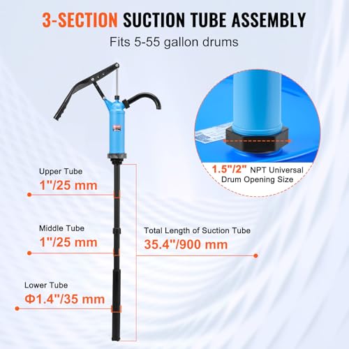 VEVOR Drum Pump, 9.5 oz. Per Stroke, Lever-Action Barrel Pump, Fits 5-55 Gallon Drums with 3-Section Suction Tube Assembly & Hose, Hand Operated, Designed to Transfer Water, Alcohol, Corrosive Liquids