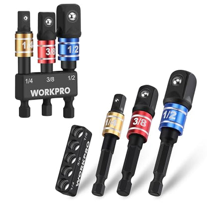 WORKPRO Impact Grade Socket Adapter Set, 1/4", 3/8", & 1/2" Drive, Extension Driver Bit With Holder, for Power Drill to High Torque Impact Wrench, 6PCS