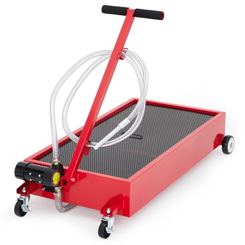 20 Gallon Low Profile Oil Drain Pan with 110V Electric Pump, Large Capacity Rolling Oil Change Tank, 8.2ft Discharge Hose & Folding Handle for Trucks, Buses, RVs and Cars - color: Red, size: 20 Gallon with 110V Electric Pump & Gloves