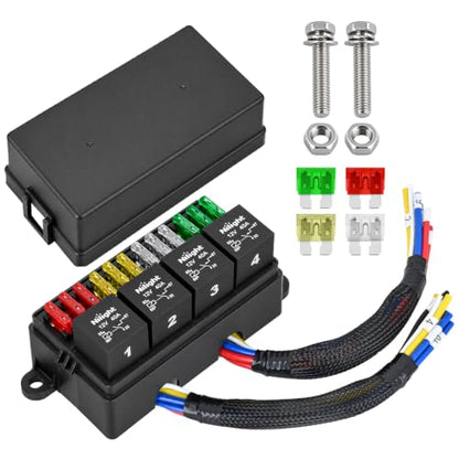 Nilight 12V Fuse Relay Box 4 Relays 4pin 40A 12 Fuses Pre-Wired Block Kit - color: Pre-Wired Box 4 Relay 12 Fuse