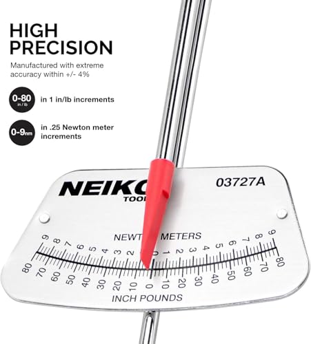 Neiko 03727A 1/4-Inch-Drive Beam Torque Wrench, SAE and MM Bicycle and Automotive Wrench, Reads in 0–80 Inches/Pounds and 0–9 Newton/Meter Increments - size: 0 - 80 in-lb, 11" Length, Beam, style: 1/4" Drive