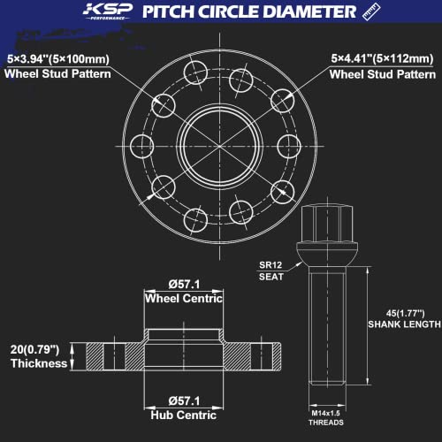KSP 20mm 5X100 & 5X112 Wheel Spacers for Audi A4 A6 A8 S4 S6 TT Quattro & VW Golf Jetta Passat - Hub Lip Bolt Pattern with 10 M14x1.5 Extended Lug Bolts 57.1mm Hub Bore 2pcs - size: 20mm
