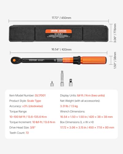 VEVOR 3/8 Inch Drive Torque Wrench, 10-100 ft.lb/13.6-135.6 Nm, Dual-Direction Adjustable Click Torque Wrench with 1/2 & 1/4 adapter, 3" Extension Bar, for Automobile Repair - size: 3/8" 4 PCS
