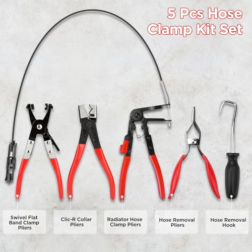BETOOLL 5pcs Wire Long Reach Hose Clamp Pliers Set Fuel Oil Water Hose Auto Tools