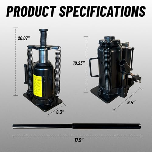 20 Ton Low Profile Air Hydraulic Bottle Jack with Air-Powered or Manual Operation, One-Piece Hydraulic Cylinder Design, Air Bottle Jack with Independent Air Pump Body and Carry Handle - color: Black, size: 20 Ton