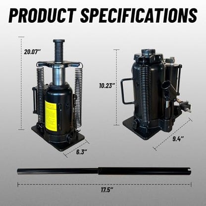 20 Ton Low Profile Air Hydraulic Bottle Jack with Air-Powered or Manual Operation, One-Piece Hydraulic Cylinder Design, Air Bottle Jack with Independent Air Pump Body and Carry Handle - color: Black, size: 20 Ton