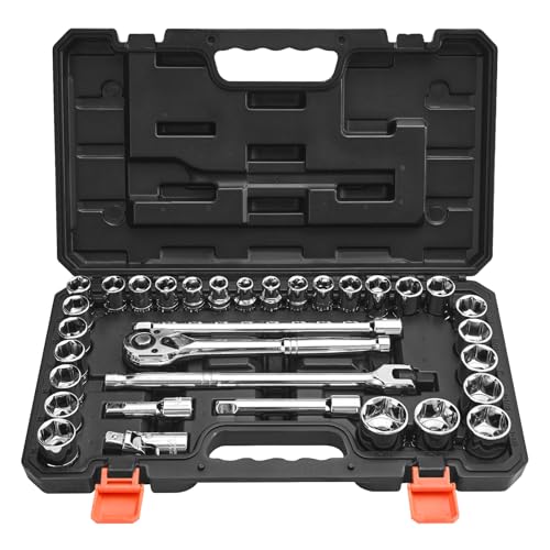 VEVOR Socket Set, 33 Pieces, 1/2 inch Drive Socket and Ratchet Set, SAE and Metric, Mechanic Tool Kit with Ratchet Wrench, Extension Bar and Storage Case, CR-V Alloy Steel, for Automotive Repair - size: 33-PCS