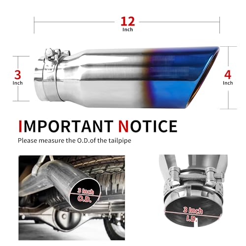 Richeer 3" Inlet Blue Burnt Exhaust Tip, 4” Outlet 12” Long Stainless Steel - size: Inlet:3",Outlet:4", Length:12", style: Blue Burnt