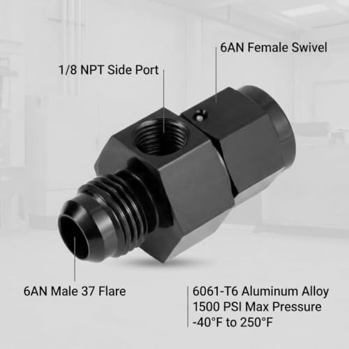 8AN Male Flare to -8 Female Swivel Fuel Pressure Take Off Fitting with 1/8" NPT Gauge Port, CNC Machined Anodized Black, for E85 Gasoline Methanol Racing Fuel Systems - size: AN8 with 1/8 NPT Port