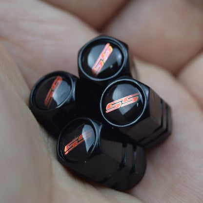 (Set of 4) 68mm=2.67 inches SS Wheel Center Cap Covers Hub Cap 3D Emblem + Valve Stem Caps Trim for 2016-2023 6th Generation Chevrolet Camaro - color: Red SS on gloss black cap, valve caps included