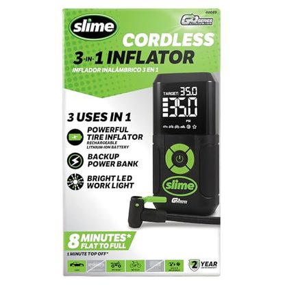 Slime 40089 Cordless 3-in-1 Tire Inflator w/Power Bank & LED Light, Auto Shut-Off, Digital Display & 6 Presets, Flat to Full in 8 Mins, Car, Bike, Motorcycle & More - style: 3in1 Cordless Tire Inflator