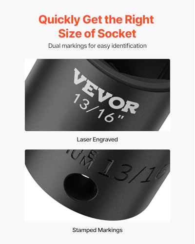 VEVOR Impact Drive Socket Set 1/2 Inches 19 Piece Impact Sockets SAE, Standard Socket Assortment, (3/8 Inches to 1-1/2 Inches) 6-point Hex Sockets - size: 1/2" 19 PCS