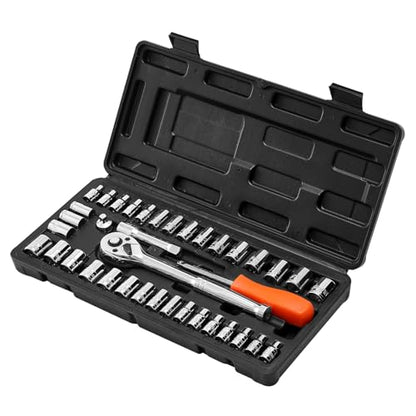 VEVOR Socket Set, 39 Pieces, 3/8 & 1/4 inch Drive Socket and Ratchet Set, SAE and Metric Size, Mechanic Tool Kit with Ratchet Wrench, Accessories, Storage Case, CR-V Alloy Steel, for Automotive Repair - size: 39-PCS
