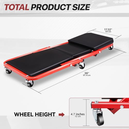 Foldable Rolling 2-in-1 Z Creeper & Seat, 36" Low-Profile Roller Mechanics Under Car Chair, 330 LBS Weight Capacity with 6 Swivel Casters - color: Red Black, size: 36 Inch Length