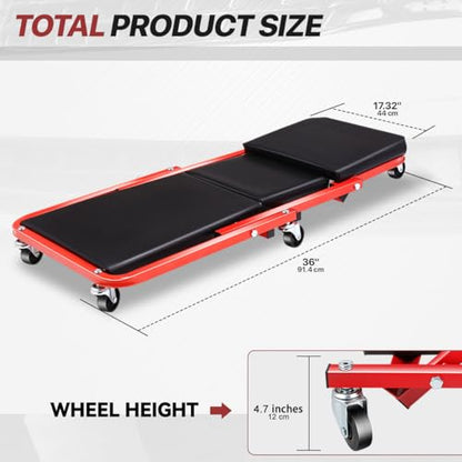 Foldable Rolling 2-in-1 Z Creeper & Seat, 36" Low-Profile Roller Mechanics Under Car Chair, 330 LBS Weight Capacity with 6 Swivel Casters - color: Red Black, size: 36 Inch Length