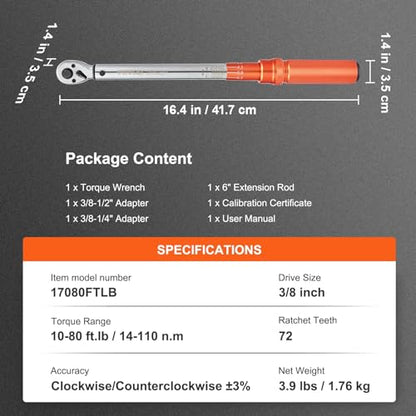 VEVOR Torque Wrench 3/8-inch Drive 10-80ft.lb/14-110n.m Click Torque Wrench - size: 3/8" 4 PCS