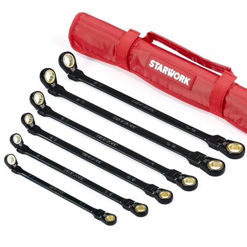 STARWORK TRUE MECHANIC™ 6-Piece 4-in-1 Extra Long Flex-Head Ratcheting Wrench Set with Rolling Pouch, Double Box End, 120-Tooth, SAE&Metric - size: 6-Piece 120-Tooth Extra Long Flex-Head
