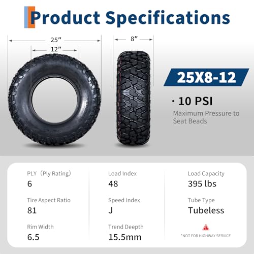 25x8x12 ATV UTV Tires, 25 8 12 All-Terrain Tires,A102, 25x8-12 UTV ATV Tire for Off-Road, Mud, Dirt, Sand, Street Trail, 6PR Tubeless,2 Pack - size: 25X8-12, style: Pattern D