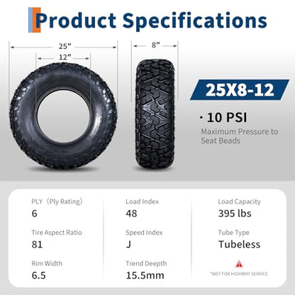25x8x12 ATV UTV Tires, 25 8 12 All-Terrain Tires,A102, 25x8-12 UTV ATV Tire for Off-Road, Mud, Dirt, Sand, Street Trail, 6PR Tubeless,2 Pack - size: 25X8-12, style: Pattern D