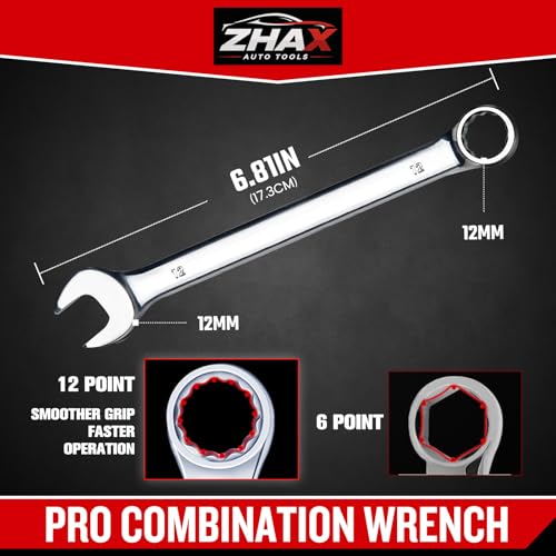 zhax 12mm Metric Combination Wrench, 12 Point Box End, 15 Degree Offset Design, Mirror Polish Finish, Forged CR-V Steel, Hand Tools for Mechanics, Ideal for Auto and Home Repair - size: 12mm