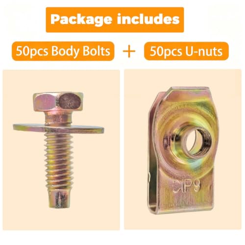 100PCS M6-1.0 Body Bolts & U Nuts Kits for Engine Cover Bumper Fender Liner, Metal Rust-Resistant Automotive Body Screws Clips (50 Sets), Gold - color: Gold
