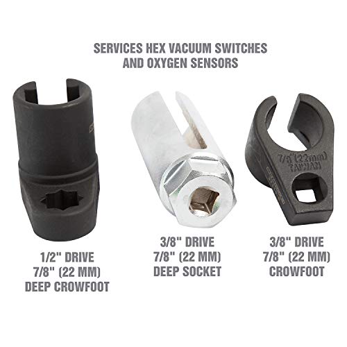 OEMTOOLS 37110 Oxygen Sensor Socket Set, 3 Piece O2 Sensor Wrench Kit with Case, 22mm O2 Sensor Socket Tools for 3/8 Drive and 1/2 Drive Sensor Remover And Installer, Oxygen Sensor Wrench - style: O2 Socket Set