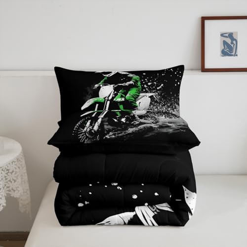 Feelyou Dirt Bike Comforter Set Queen Size Racing Themed Bedding Set - color: Black Green, size: Queen